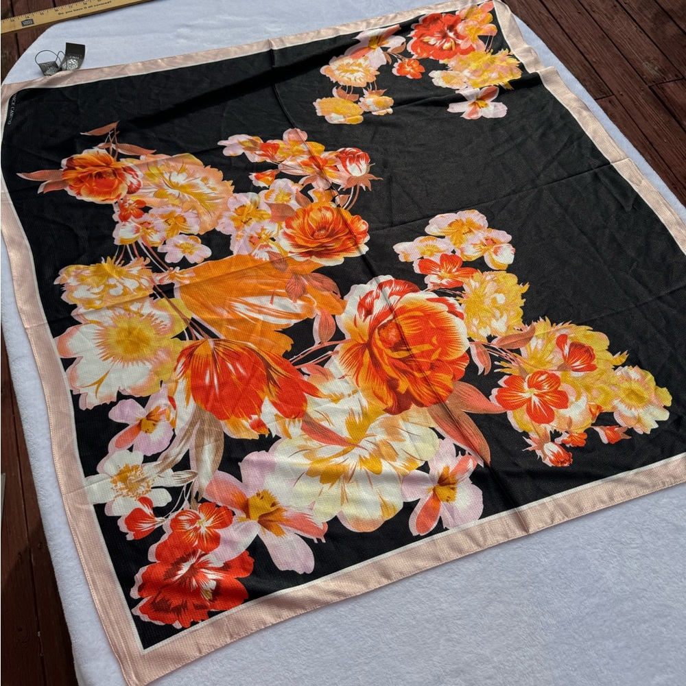 Vince Camuto Black Scarf with Orange and Yellow Floral Design
